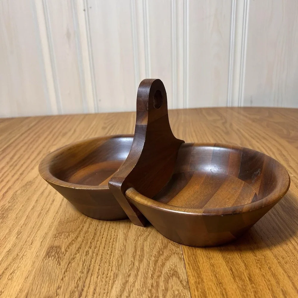 Vintage Black Walnut Handled Double Bowl Walnutware Ozark Native Wood Product